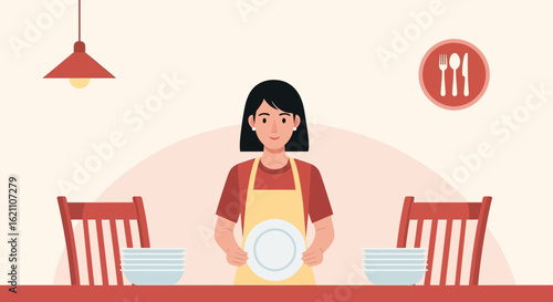 Illustration of a woman wearing an apron setting the table in a cozy dining room