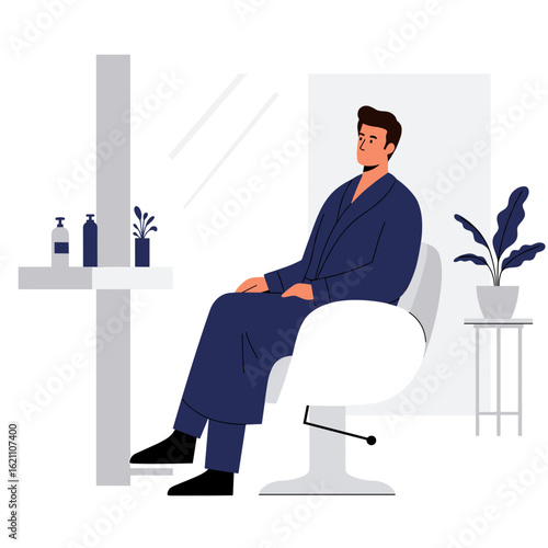A man sits in a chair in a beauty salon