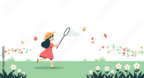 Girl chasing butterflies in a sunny meadow: A whimsical scene of childhood joy and nature exploration illustrating the innocence of youth