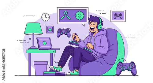 Happy Gamer Enjoying Video Games in Relaxed Setup with Modern Technology