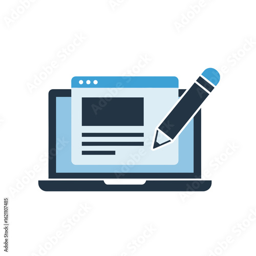 Laptop with a screen and a pencil, symbolizing online content creation and digital writing, isolated on white background
