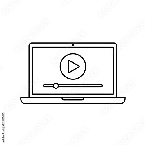 Laptop computer screen with play button and progress bar, representing video playback and online media consumption, isolated on white background