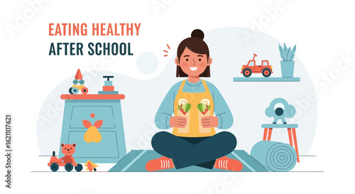 Happy Girl With Healthy Wraps, Lunchbox Snack in Playroom After School