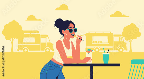 Girl Enjoying Street Food At Outdoor Seating Area In Front Of Food Trucks