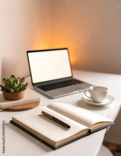 Bright Workspace with Laptop Notebook Coffee Cup and Succulent on White Table