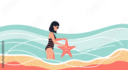 Girl enjoying summer vacation at the beach holding a starfish in a seascape