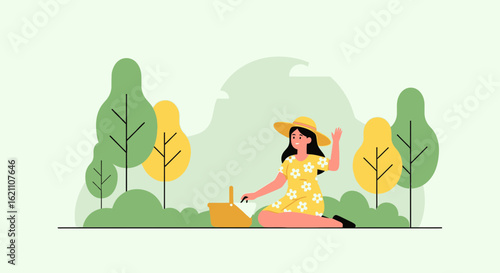 Girl Enjoying Summer Picnic Relaxing With Basket In The Forest Meadow