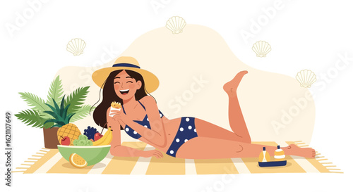 Girl Enjoying Summer Vacation At Beach While Eating Exotic Fruit
