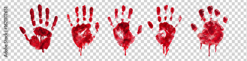 Vector set of bloody hand prints isolated on transparent background.