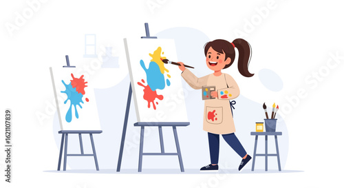 Girl Having Fun Painting Colorful Splashes on a Canvas in a Studio