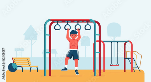 Illustration of a young man exercising on monkey bars at a vibrant outdoor playground