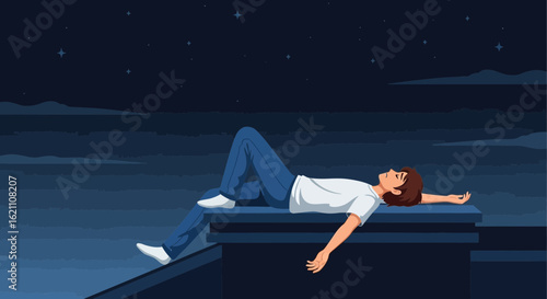 Illustration of a young man lying on a rooftop gazing at the starry night sky serene escape and dreamful contemplating the universe above