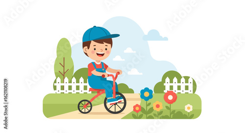 Happy Little Boy Rides Tricycle In A Sunny Garden, Childhood Joy Scene