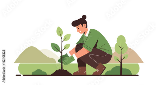 Illustration of a young man planting a tree sapling for environmental conservation and sustainability