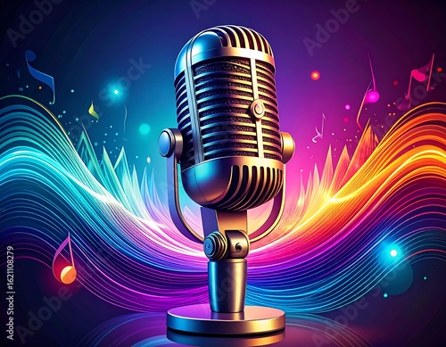Retro microphone in vibrant musical backdrop