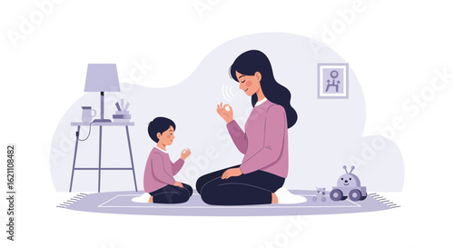 Happy Mom And Son Meditating Together In The Peaceful Home Environment