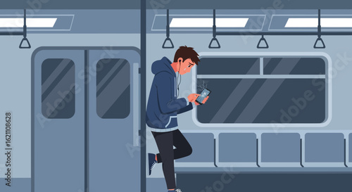 Illustration of a young man using a smartphone in a subway train carriage showcasing modern urban life and technology