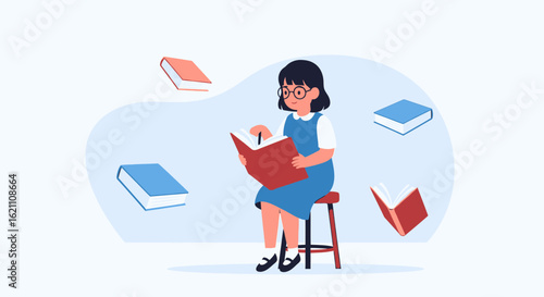Girl Reading A Book Cartoon Illustration Vector On A Stool In A Library