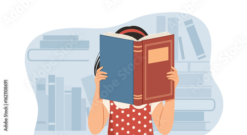 Girl Reading Book Enjoying Literature At Home On The Background Of Books
