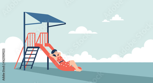 Girl Relaxes Atop A Slide During A Carefree Summer Day Illustration