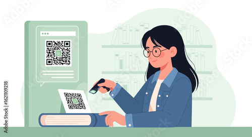 Girl Scanning Qr Codes In The Library To Borrow Books For Reading