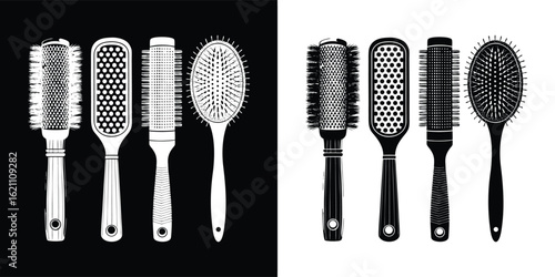 Collection of five different hairbrushes and combs, isolated on white background, showcasing various shapes and sizes for hair styling and care