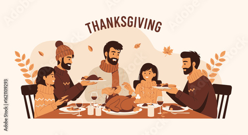 Happy Thanksgiving Family Gathering Together With Traditional Turkey Dinner