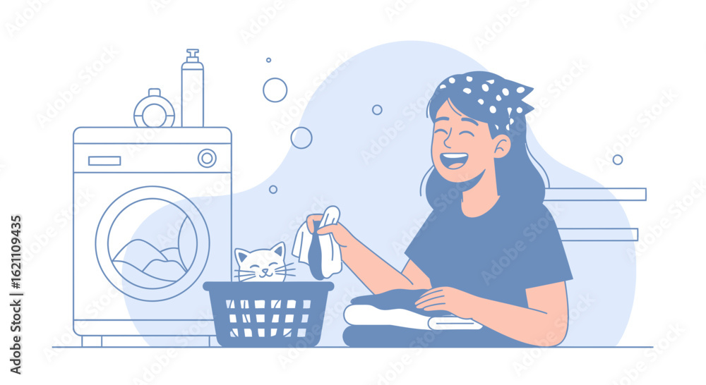 Obraz premium Happy Woman Doing Laundry With Her Pet Cat Illustration In Blue Tones