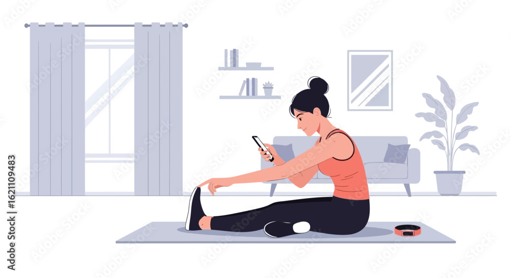 Obraz premium Illustration of a young woman stretching while using a smartphone at home casually indoors in a cozy environment