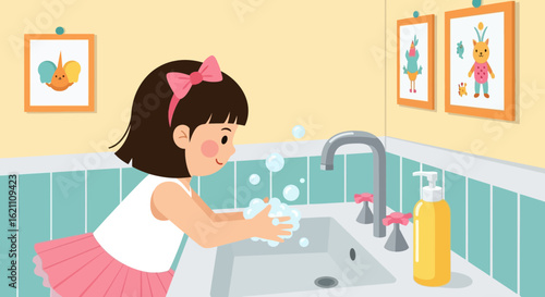 Girl Washing Hands with Soap in Bathroom Hygienic Routine Illustration