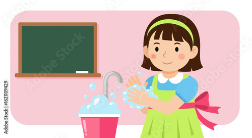 Girl Washing Hands With Soap Next To Chalkboard In Classroom