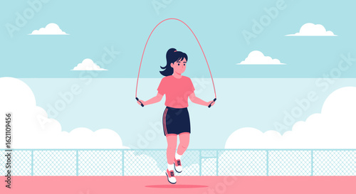 Happy Woman Exercising With A Jump Rope Outdoors On A Sunny Day