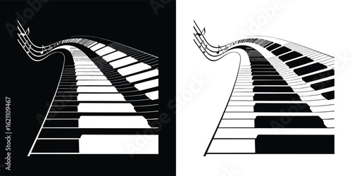 A winding road made of piano keys, leading towards a musical horizon with notes and clefs, symbolizing a musical journey