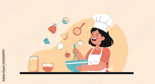 Happy Woman In Chef Hat Prepares Delicious Meal At Home With Fresh Ingredients