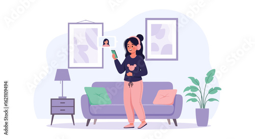 Illustration of a young woman video calling in a cozy modern living room setting  with furniture
