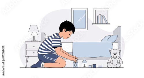 Happy Young Boy Plays with Building Blocks on the Floor at Home