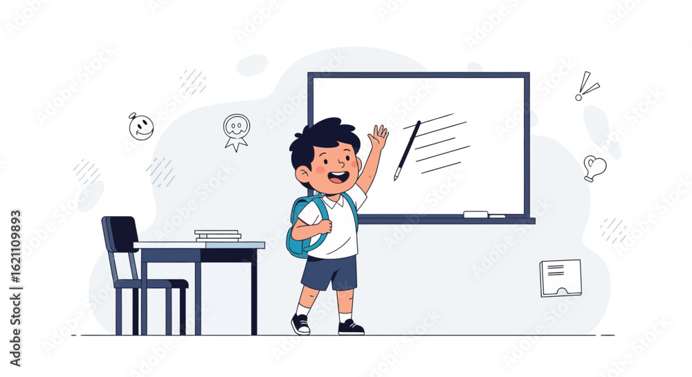 Illustration of cheerful student in classroom with board and school supplies in back to school concept Illustration of cheerful student in classroom with board and school supplies in back to school concept