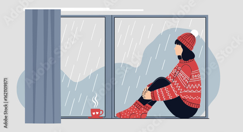 Gloomy Weather Day Woman Sitting Near The Window In Her Warm Outfit