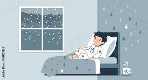 Gloomy Weather Little Boy Feeling Sad In His Bedroom At Home