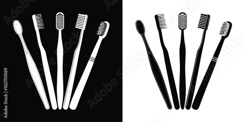 A collection of five toothbrushes arranged in a fan shape, presented in both positive and negative black and white versions against contrasting backgrounds