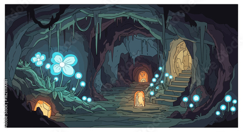 Glowing Flora And Stone Path Within A Mysterious Underground Cavern System