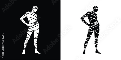 Stylized mummy figure wrapped in bandages, presented in a striking black and white contrast, isolated on a white background