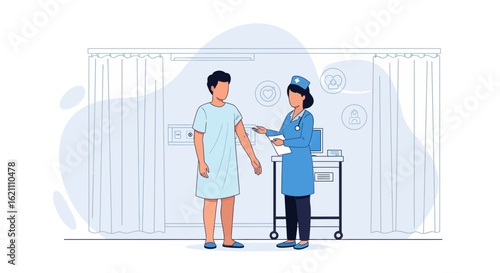 Illustration Of Hospital Ward Depicts Nurse Consulting Patient About Health Report