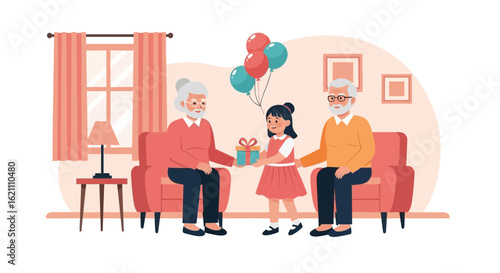 Granddaughter gives a present to her grandparents on a special occasion indoors