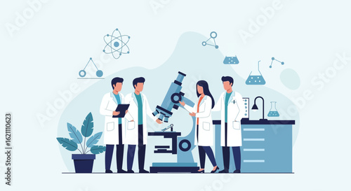 Illustration of medical team in a laboratory, scientific research illustration concept design for website banner and marketing material