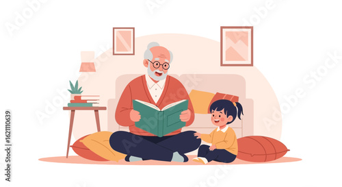 Grandfather reading a book to his granddaughter at home, creating a warm and loving family moment illustration