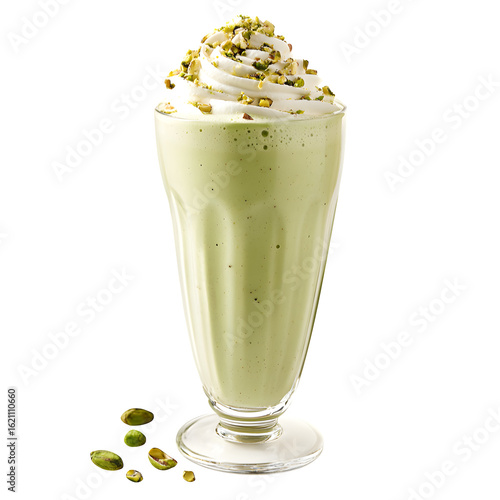 creamy pistachio milkshake in a soft swirl glass with whipped cream dome and crushed pistachios, on white background