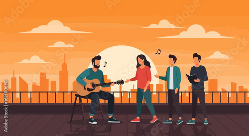 Illustration of musicians playing music at sunset on a rooftop party with friends