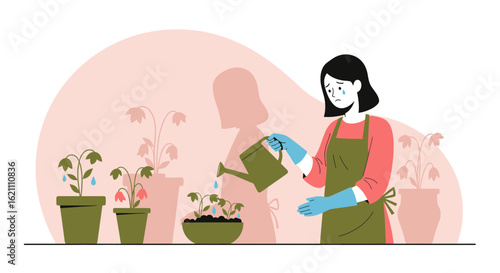Illustration of sad woman watering dying plants, symbolizing failure and emotional distress