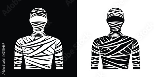 Mummy figure wrapped in bandages, presented in black and white contrast, symbolizing ancient egyptian undead horror and halloween themes